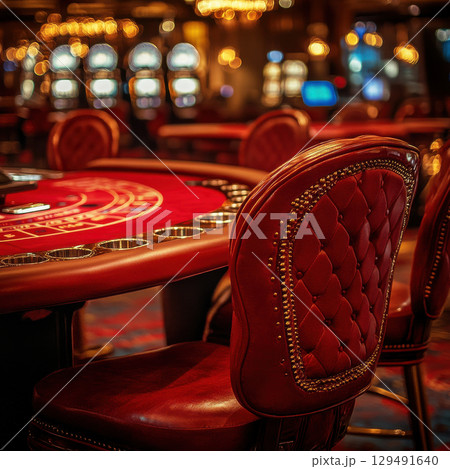 Elegant casino interior featuring red leather seating and slot machines 129491640