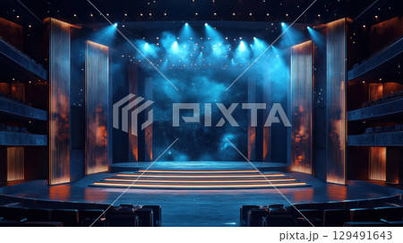 Dramatic Theater Stage with Blue Lighting and Spectacular Backdrop Dramatic Theater Stage with Blue Lighting and Spectacular Backdrop 129491643