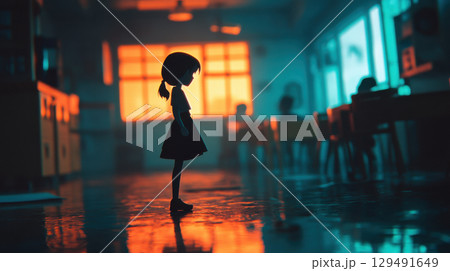 Silhouette of a Young Girl in an Empty Classroom at Sunset 129491649