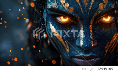 Intense Portrait of a Woman with Vibrant Face Paint and Glow 129491651