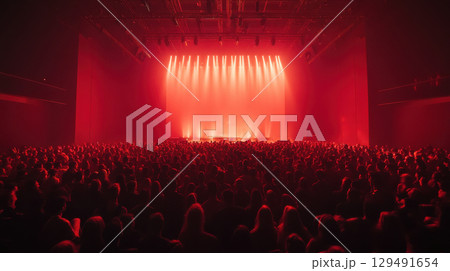 Energetic Crowd at Music Concert with Dramatic Red Lighting Energetic Crowd at Music Concert with Dramatic Red Lighting 129491654