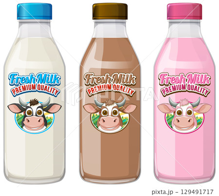 Three Flavored Milk Bottles with Cartoon Cow Labels 129491717
