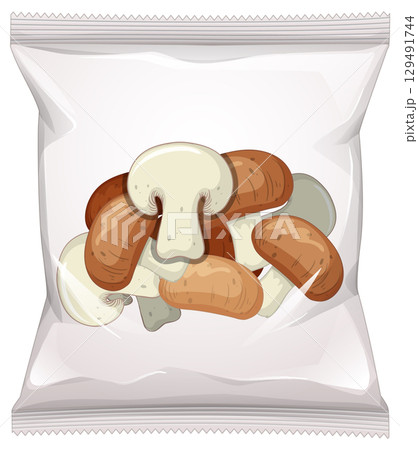 Vector Illustration of Mushrooms in Transparent Snack Packaging 129491744