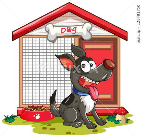 Cartoon Dog Sitting Happily Outside Doghouse Cartoon Dog Sitting Happily Outside Doghouse 129491750