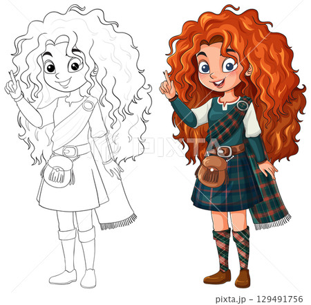 Curly Red-Haired Girl in Scottish Tartan Dress 129491756