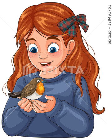 Red-Haired Girl Gently Holding a Robin Bird 129491761