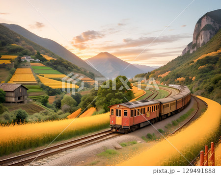 夕暮れの谷間を走る列車の風景 129491888