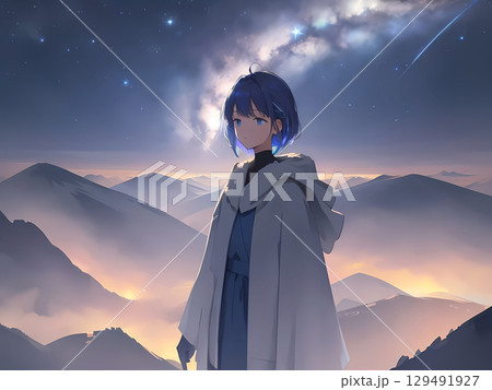 星空と雲海を背景に佇む、青い髪の少女 129491927