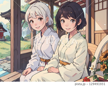 縁側で仲良く微笑む、着物姿の二人の女の子 129491931