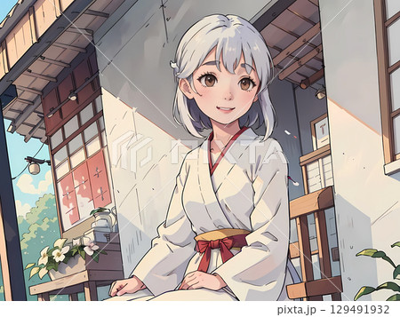 縁側で穏やかに微笑む、白い着物を着た銀髪の少女 129491932