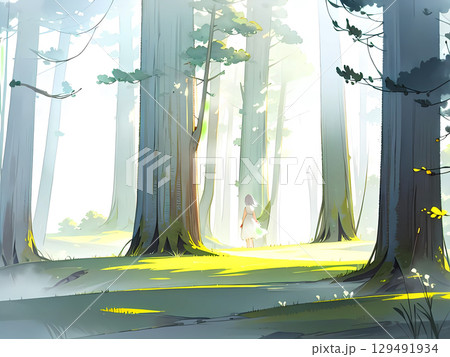 木漏れ日が差し込む、静かな森を散策する一人の女性 129491934