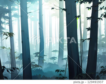 霧に包まれた、高く伸びる木々が立ち並ぶ青い森2 129491937