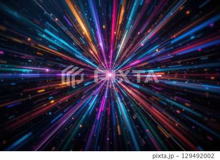 Vibrant Lights Expanding from Central Point in Dark Background 129492002