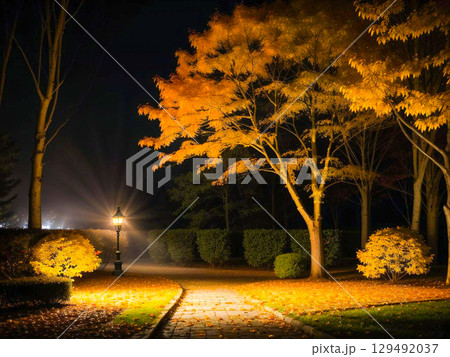 夜の公園、街灯に照らされた美しい紅葉の並木道3 129492037