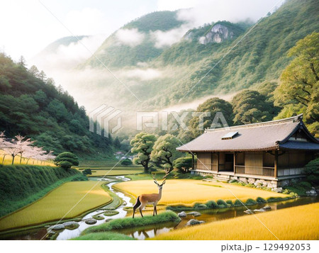 朝日が差し込む日本の山里、小川に佇む一頭の鹿2 朝日が差し込む日本の山里、小川に佇む一頭の鹿2 129492053