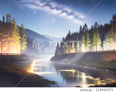 星が降る夜、川沿いの森を照らす神秘的な光 129492073