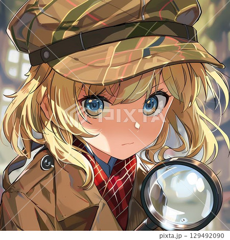 虫眼鏡を構えて、事件の謎を追う可愛い探偵の女の子 129492090