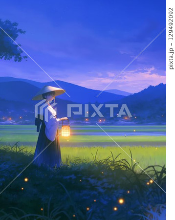 夏の夜、蛍が舞う田んぼ道を提灯を持って歩く旅人 129492092