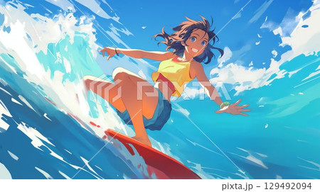 夏の海で、大きな波に乗るサーフィンの女の子のイラスト 129492094