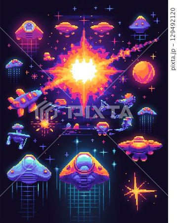 レトロなビデオゲーム風、宇宙戦争のピクセルアートイラスト 129492120