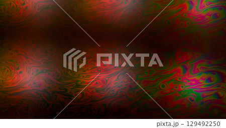 Gasoline fluid blur. Floating ink. Colorful liquid oil blob swirl texture on black background. Abstract red green gradient night light glow. 129492250