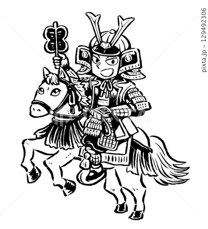 白馬に乗った甲冑姿の武将　単色線画 129492306