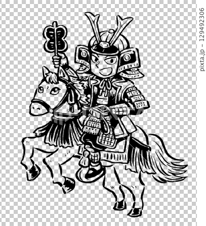 A warrior in armor riding a white horse, monochrome line drawing 129492306