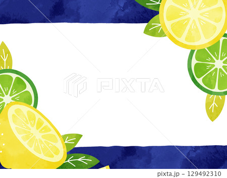 水彩で描いたレモンとライムのシンプルで爽やかな夏フレームイラスト　紺色 129492310