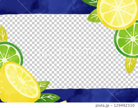 水彩で描いたレモンとライムのシンプルで爽やかな夏フレームイラスト　紺色 129492310