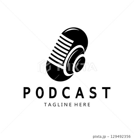 podcast logo with microphone and earphone audio, radio waves. for studio, talk show, chat, information sharing, interview, multimedia and web. podcast logo with microphone and earphone audio, radio waves. for studio, talk show, chat, information sharing, interview, multimedia and web. 129492356