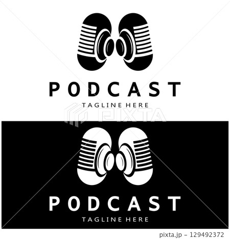 podcast logo with microphone and earphone audio, radio waves. for studio, talk show, chat, information sharing, interview, multimedia and web. podcast logo with microphone and earphone audio, radio waves. for studio, talk show, chat, information sharing, interview, multimedia and web. 129492372
