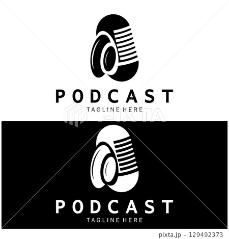podcast logo with microphone and earphone audio, radio waves. for studio, talk show, chat, information sharing, interview, multimedia and web. podcast logo with microphone and earphone audio, radio waves. for studio, talk show, chat, information sharing, interview, multimedia and web. 129492373
