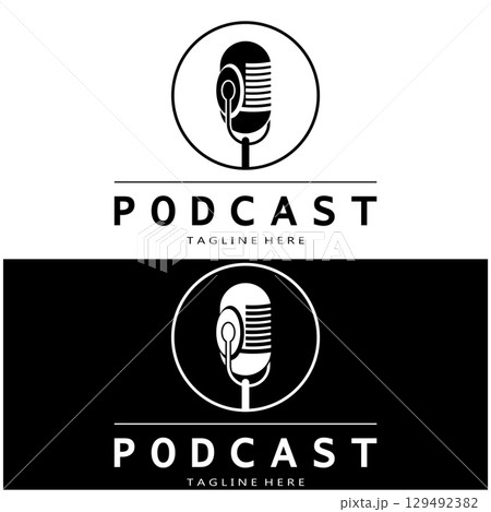 podcast logo with microphone and earphone audio, radio waves. for studio, talk show, chat, information sharing, interview, multimedia and web. podcast logo with microphone and earphone audio, radio waves. for studio, talk show, chat, information sharing, interview, multimedia and web. 129492382