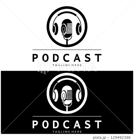 podcast logo with microphone and earphone audio, radio waves. for studio, talk show, chat, information sharing, interview, multimedia and web. 129492386