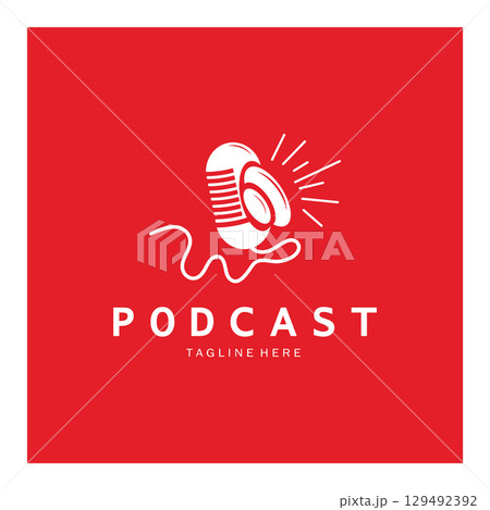 podcast logo with microphone and earphone audio, radio waves. for studio, talk show, chat, information sharing, interview, multimedia and web. podcast logo with microphone and earphone audio, radio waves. for studio, talk show, chat, information sharing, interview, multimedia and web. 129492392
