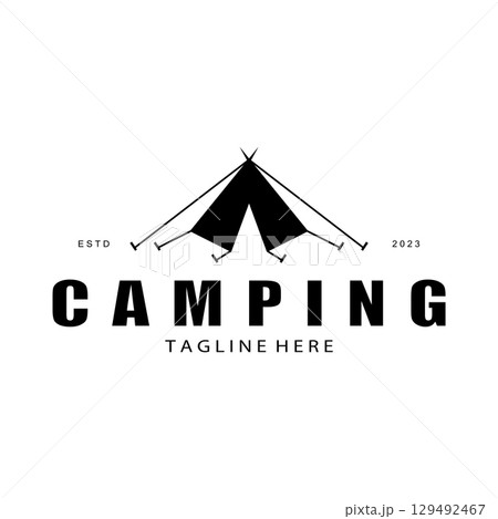 vintage and retro tent logo, camping. With tent, tree and bonfire sign. adventurers, scouts, climbers, camping equipment center 129492467