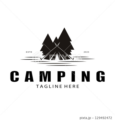vintage and retro tent logo, camping. With tent, tree and bonfire sign. adventurers, scouts, climbers, camping equipment center 129492472