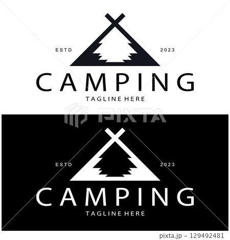 vintage and retro tent logo, camping. With tent, tree and bonfire sign. adventurers, scouts, climbers, camping equipment center 129492481