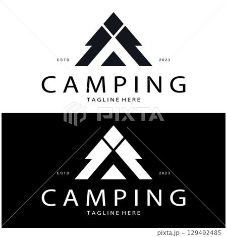 vintage and retro tent logo, camping. With tent, tree and bonfire sign. adventurers, scouts, climbers, camping equipment center 129492485