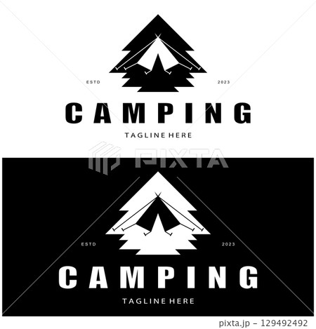 vintage and retro tent logo, camping. With tent, tree and bonfire sign. adventurers, scouts, climbers, camping equipment center 129492492
