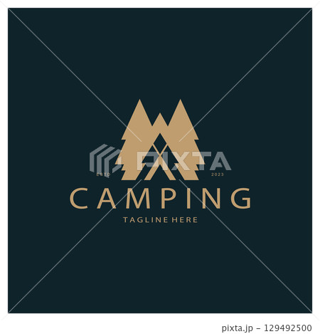 vintage and retro tent logo, camping. With tent, tree and bonfire sign. adventurers, scouts, climbers, camping equipment center 129492500