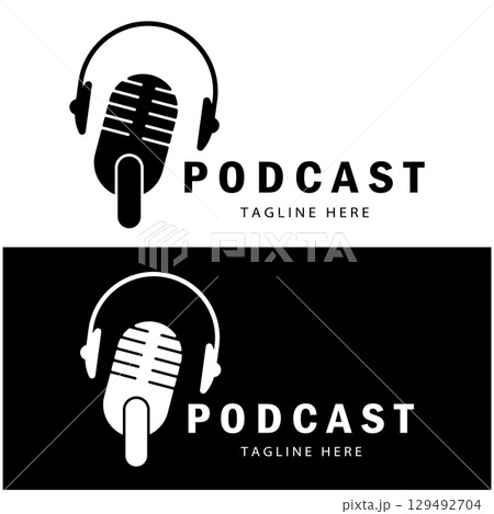 podcast logo with microphone and earphone audio, radio waves. for studio, talk show, chat, information sharing, interview, multimedia and web. 129492704