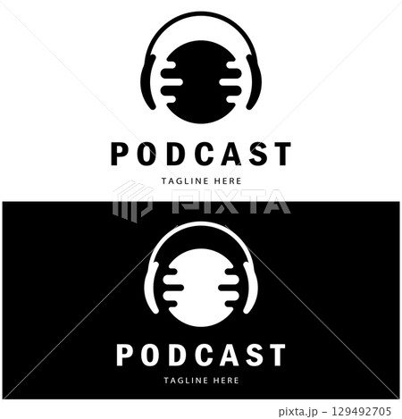 podcast logo with microphone and earphone audio, radio waves. for studio, talk show, chat, information sharing, interview, multimedia and web. 129492705