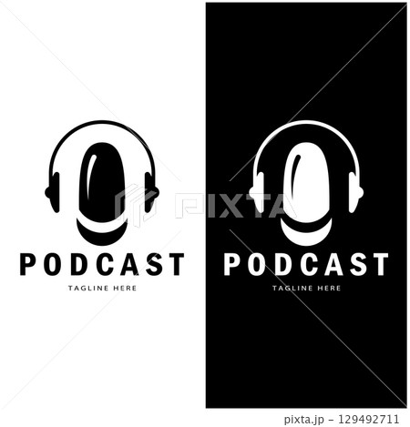 podcast logo with microphone and earphone audio, radio waves. for studio, talk show, chat, information sharing, interview, multimedia and web. podcast logo with microphone and earphone audio, radio waves. for studio, talk show, chat, information sharing, interview, multimedia and web. 129492711