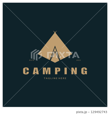 vintage and retro tent logo, camping. With tent, tree and bonfire sign. adventurers, scouts, climbers, camping equipment center 129492743