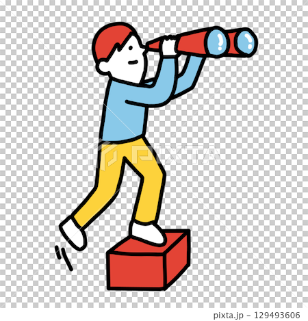 双眼鏡を手に持ち、遠くを見る人物のイラスト 129493606