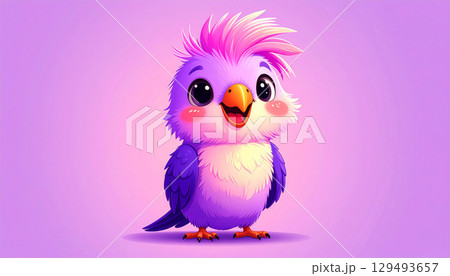 Adorable 3D-rendered cartoon cockatiel with vibrant purple, pink, and magenta feathers, big brown eyes, and a happy smile, standing on a soft pastel background. 129493657