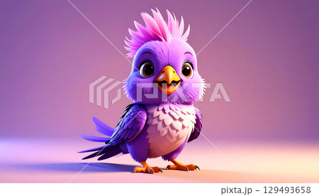 Adorable 3D-rendered cartoon cockatiel with vibrant purple, pink, and magenta feathers, big brown eyes, and a happy smile, standing on a soft pastel background. 129493658