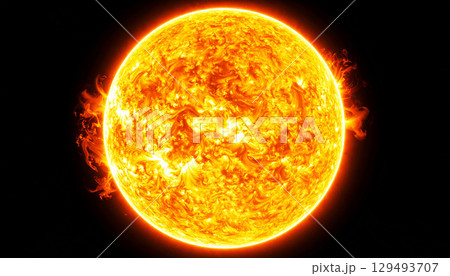 Sun showing swirling plasma patterns, bright yellow-orange surface, and solar flares at the edges against a deep black space background, fiery explosion on fire, sun in space Sun showing swirling plasma patterns, bright yellow-orange surface, and solar flares at the edges against a deep black space background, fiery explosion on fire, sun in space 129493707