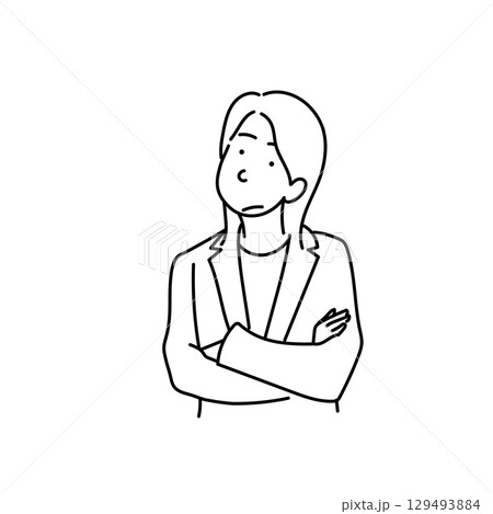 イラスト素材: 腕を組んで考える女性 ビジネス 線画 ベクター 白背景 129493884